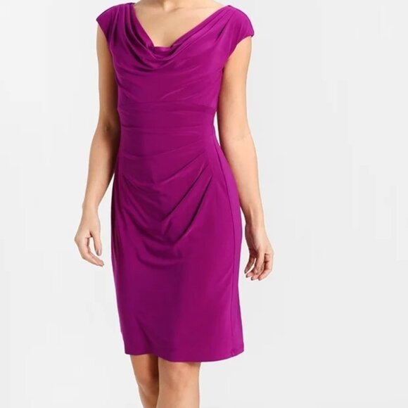 Lauren by Ralph Lauren Fuchsia Pink Business Cocktail Ruched Midi Dress - Picture 1 of 5